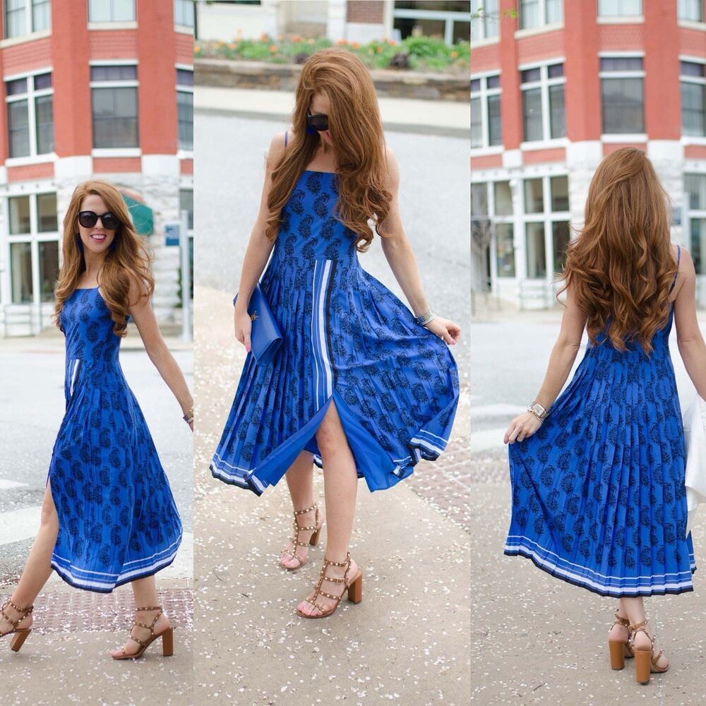 Banana Republic Blue Black Paisley Midi‎ Dress Pleated Strappy Lined Size 2